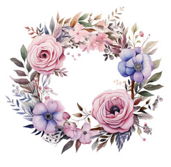 Watercolor floral wreath. Generative AI, png image.