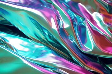 Green, blue and pink iridescent holographic surface shining. Futuristic twisted and crumpled aluminum foil made of liquid metal with color gradients.