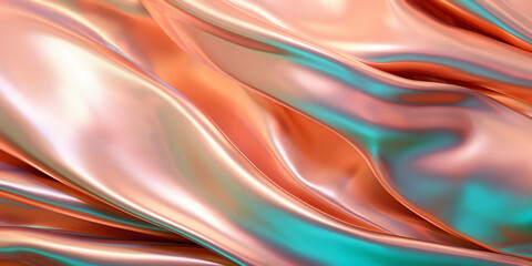 Obraz premium Rose gold and turquoise iridescent holographic surface shining. Futuristic twisted and crumpled aluminum foil made of liquid metal with color gradients.