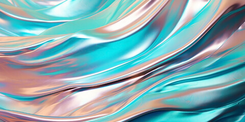 Obraz premium Rose gold and turquoise iridescent holographic surface shining. Futuristic twisted and crumpled aluminum foil made of liquid metal with color gradients.