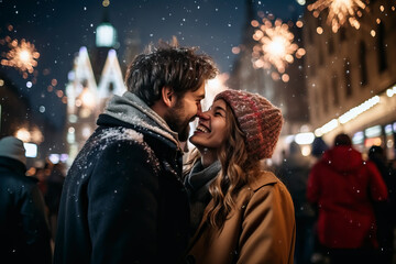 Loving Couple under christmas fireworks enjoying of a charming holidays on New Year's Eve. - obrazy, fototapety, plakaty