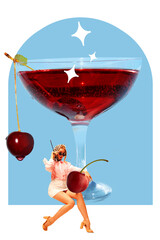 Cherry taste. Beautiful, elegant young woman with sweet, berry cocktail. Party. Contemporary art collage. Concept of retro fashion, beauty, party, alcohol drink, celebration. Vintage paper effect