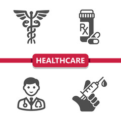 Healthcare Icons. Health Care, Pills, Medication, Doctor, Vaccine, Syringe Vector Icon