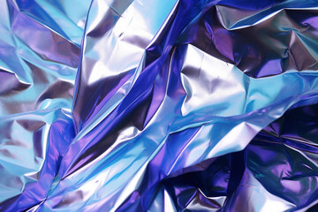 Violet, silver and navy blue iridescent holographic surface shining. Futuristic twisted and crumpled aluminum foil made of liquid metal with color gradients.