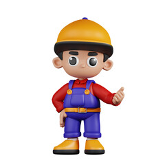 3d Character Mechanic Pointing Next Pose. 3d render isolated on transparent backdrop.