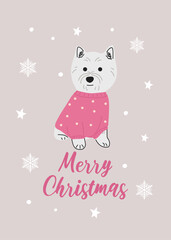 Christmas West Highland White Terrier in hand drawn style. Greeting text Merry Christmas. Beautiful illustration for greeting cards, posters and seasonal design.