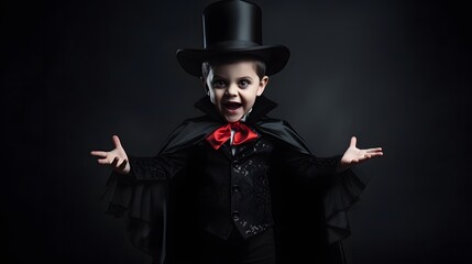 Child in vampire costume against dark studio background