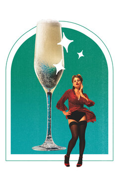 Celebration. Beautiful young woman and champagne glass. Contemporary art collage. Concept of retro fashion, beauty, party, alcohol drink, celebration, pin up and pop art. Vintage paper effect