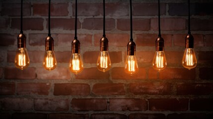 A collection of decorative antique Edison-style light bulbs showcased against a textured brick wall backdrop. - obrazy, fototapety, plakaty