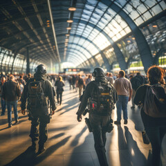 Two police officers from the special anti-terrorist corps patrol a train station to ensure the safety of the population from a possible terrorist attack. Increase of the attack alert level.  - obrazy, fototapety, plakaty