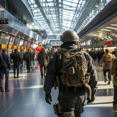 Fototapeta premium a military man patrolling at an airport. Increased attack alert level. crowded airport with a military man seen from behind to ensure security in case of a terrorist attack or threat. USA