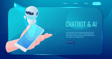 Man holding smartphone. Chat bot robot. Speech bubble hologram. Network interface. Website landing page. Artificial intelligence technology. Futuristic innovation. Blue background. Vector illustration