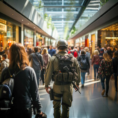a military man patrolling at an airport. Increased attack alert level. crowded airport with a military man seen from behind to ensure security in case of a terrorist attack or threat. EUROPE - obrazy, fototapety, plakaty