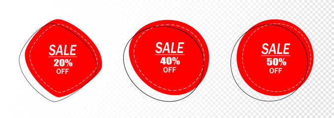 A set of three red sale advertising badges on a white background. Discount sticker, advertising badge, trade label. Vector EPS 10.