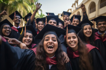 Young indian graduates students group celebrating at college campus