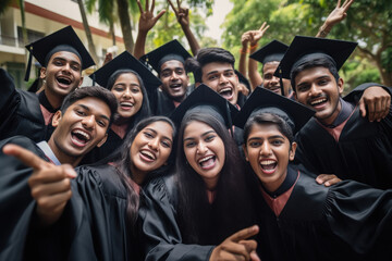 Young indian graduates students group celebrating at college campus