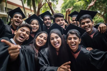 Fotobehang Young indian graduates students group celebrating at college campus © PRASANNAPIX