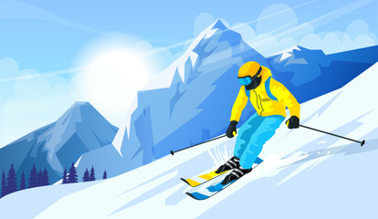 Skier in yellow jacket. Active winter sport. Extreme freestyle downhill on snowy slope. Picturesque landscape, ski season, outdoor vacation, memorable resort. Recreation concept. Vector illustration - obrazy, fototapety, plakaty
