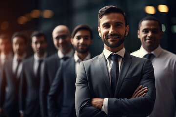 Confident and successful businesspeople group standing at office.