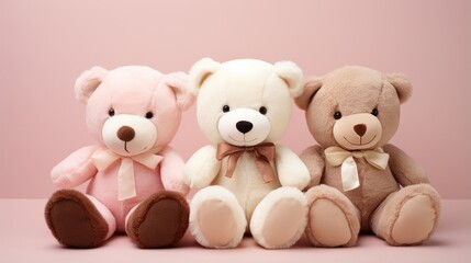 A joyful gathering of white, light brown, and dark brown teddy bears rests together on a table, with a soft pink wall background.
