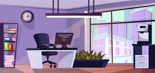Modern office interior. Cute cartoon design. Large panoramic window with city skyscraper view. Desk with computer and armchair. Coffee machine. Green houseplants. Director concept. Vector illustration