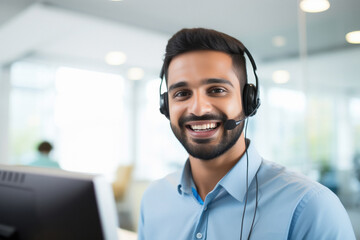 Young indian smiling friendly handsome young male call center operator
