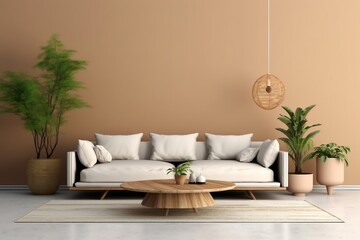 Fototapeta na wymiar interior design, Sofa and wood round table in brown living room,3D rendering. generative ai.