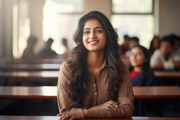 Young indian college girl student sitting at class room - obrazy, fototapety, plakaty