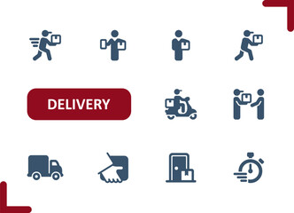 Delivery Icons. Delivery Man, Courier, Package, Parcel, Box, Delivering, Truck, Van Icon