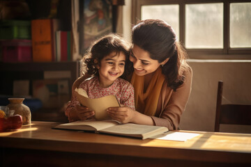 Indian mother taking her daughter's studies at home. - obrazy, fototapety, plakaty