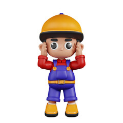 3d Character Mechanic Dizzy Pose. 3d render isolated on transparent backdrop.