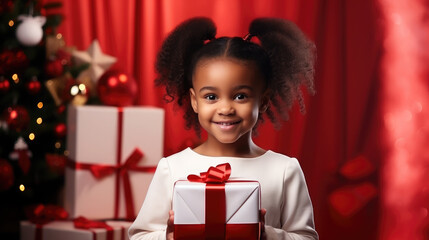 Fototapeta na wymiar black beautiful girl in an elegant dress holds a gift box with ribbons, Christmas, New Year, celebration, holiday, birthday, present, child, childhood, kid, toddler, bow, smile, emotion, portrait, red