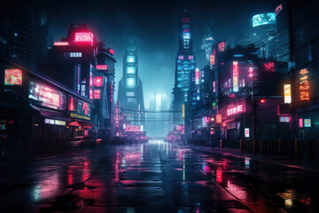 Fototapeta na wymiar Futuristic virtual cyberpunk City with abstract pedestrian with Neon light from billboards and advertisement in nightlife district.