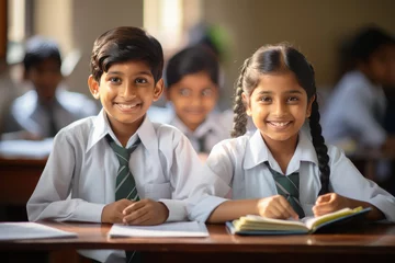 Foto op Canvas indian little school students group sitting at classroom. © PRASANNAPIX