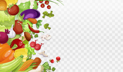 Various fresh vegetables. Left side. Healthy vegetarian food. Collection of pepper, pumpkin, carrot, mushroom, plant. Vitamin diet, autumn harvest. Isolated on white background. Vector illustration