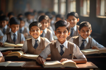 indian little school students group sitting at classroom.