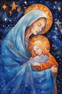 Saint Mary holding her little baby Christ, surrounded by night full of stars in artistic creative watercolor art