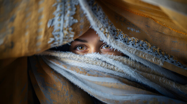chica escondida bajo muchos telas porque est&aacute; observando