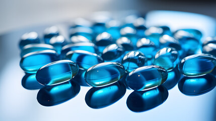 macro fotografía de unas pastillas azules  - obrazy, fototapety, plakaty