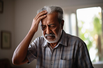 Indian senior man in stress after looking some paper - obrazy, fototapety, plakaty