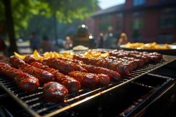 Barbecue picnic Grilled sausages on grill with smoke and flame on a meadow.