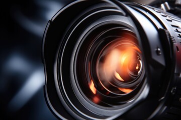 black movie camera lens, close up, front view - obrazy, fototapety, plakaty