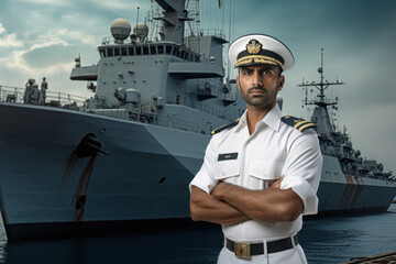 Young indian confident ship captain standing in uniform