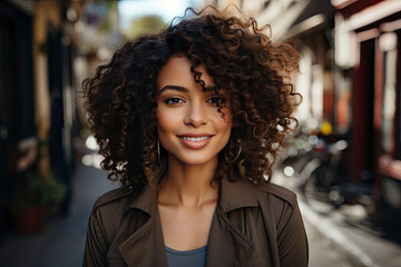 Fototapeta premium professional afro american business woman, happy confident positive female entrepreneur standing outdoor on sunny street arms crossed, looking at camera