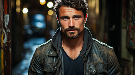 Man in leather jacket leans on graffiti wall.