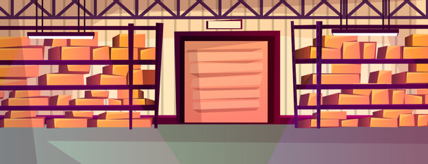 Obraz premium Cartoon warehouse interior. Shelves with goods, various parcels. Rack with carton boxes. Garage door. Indoor storehouse. Industrial stockroom storage. Logistic delivery. Vector illustration