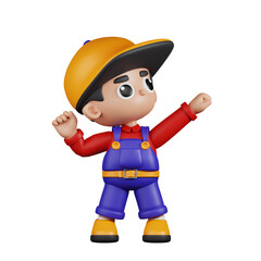 3d Character Mechanic Looking Victorious Pose. 3d render isolated on transparent backdrop.