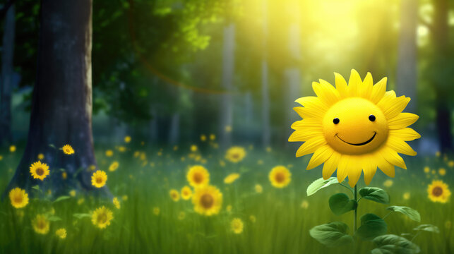 Smiling yellow sunflower growing happily in a floral meadow with green grass and forest trees in background, wholesome and cute children's cartoon like illustration. Beauty of  warm sunshine delight. 