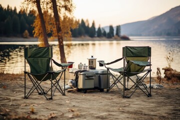 foldable camping chairs and table in open-air - obrazy, fototapety, plakaty