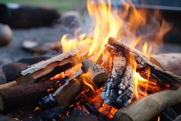 close-up shot of a campfire, burning logs visible
